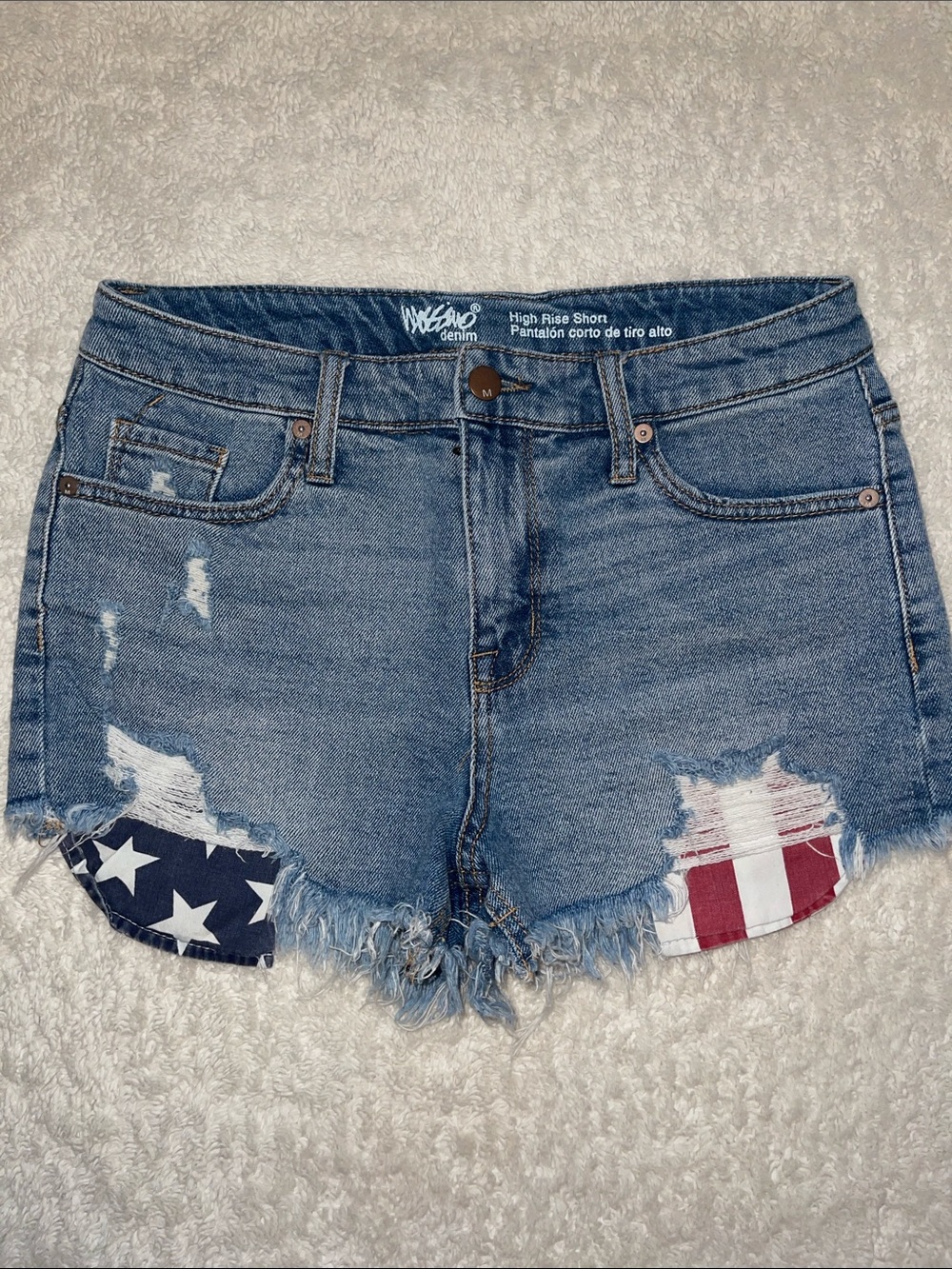 High-Rise Distressed Blue Denim Jean Shorts with Flag Insets
